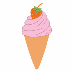strawberry ice cream with cone, illustration