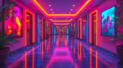 Sleek hallway design with glowing neon lights and vibrant colors complemented by a minimalist and stylish look.