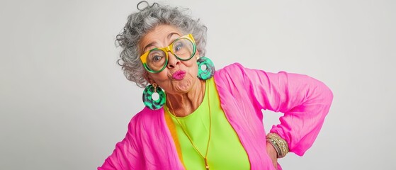 Fototapeta premium Playful senior in a neon pink and green dress, wearing oversized funky earrings, standing with a silly expression, white backdrop funny older woman, neon dress, funky accessories