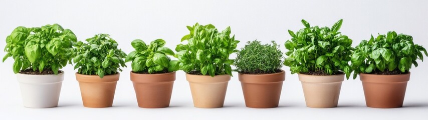 Fototapeta premium Herbal Abundance, full-body portrait of vibrant basil and cilantro in pots, lush greenery against a clean white backdrop, showcasing freshness and simplicity.