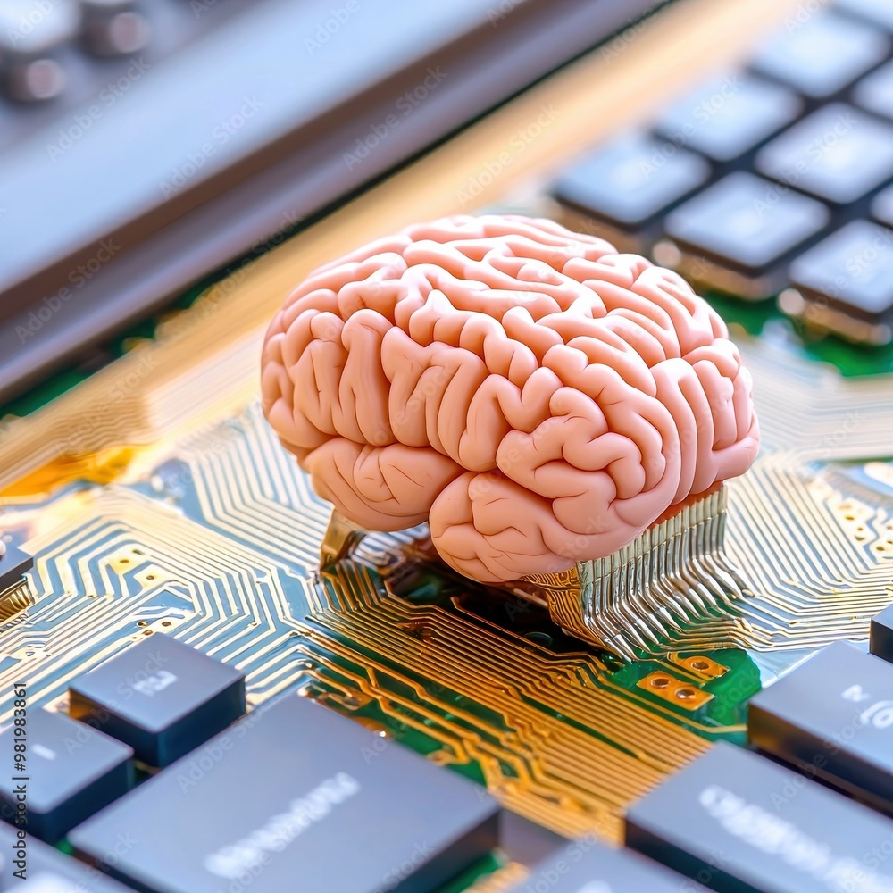 Poster a creative concept of a brain sitting on a computer circuit board, symbolizing the fusion of technol