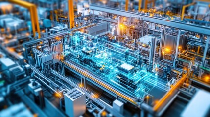 Fototapeta premium A high-tech manufacturing plant where engineers and workers use digital twin technology to simulate processes, optimizing operations with real-time data and advanced AI systems.