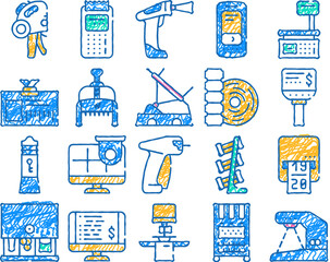 shop equipment device doodle icons set vector. sketch line art shop portable cash register and libra, seller badge and numerator, barcode scanner and price checker color illustrations