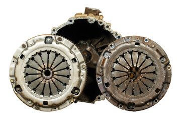 Old Vs new clutch plate in car isolation and whitebackground,clippingpath.clutch system,Truck clutch system repair.The mechanic is repairing the car's clutch system.