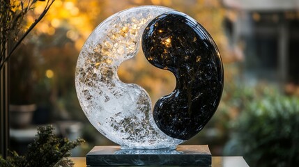 Yin-yang symbol crafted from translucent crystal, light refracting through the black and white halves creating colorful reflections