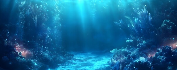 Fototapeta premium Mesmerizing Underwater Bioluminescent Screen Banner Mockup With Glowing Marine Life