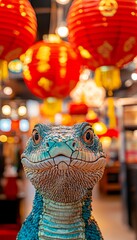 Fototapeta premium Blue And Green Snake Sculpture With Upward Gaze, Surrounded By Traditional Red Lanterns