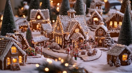 Festive gingerbread village glows with christmas lights, evoking a cozy atmosphere for winter festivities