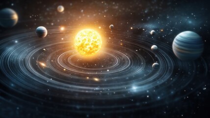 Obraz premium Stunning cosmic scene showcasing a glowing sun surrounded by planets in a dark, starry universe.