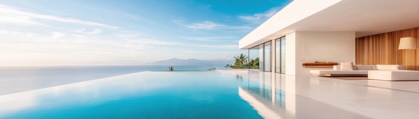 Fototapeta premium Stunning infinity pool with ocean view, modern architecture, and tranquil atmosphere. Perfect for relaxation and luxury escape.