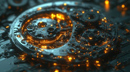 Yin-yang symbol formed by intricate metallic gears and glowing circuits, representing balance between nature and technology, glowing softly