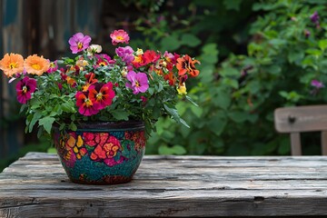 A vibrant ceramic pot brimming with cheerful blooms sits on a weathered wooden table, serving as a striking centerpiece for any setting.