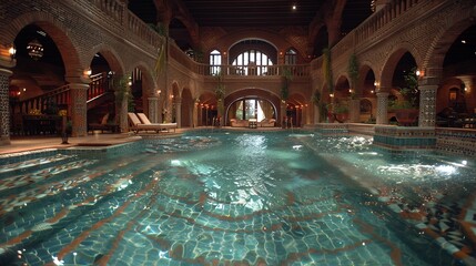 Obraz premium An indoor pool inside an ancient stone building with high arches, ambient lighting, and modern lounge chairs. Concept of luxury and history.