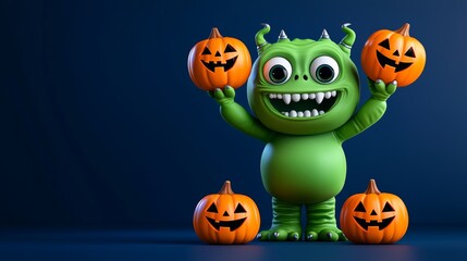 Cheerful Green Monster with Halloween Pumpkins