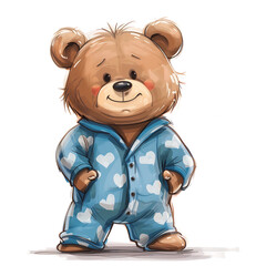 Fototapeta premium A cute cartoon bear wearing cozy pajamas, with a friendly expression. The bear's relaxed posture and comfortable sleepwear make it look adorable and perfect for bedtime-themed children's designs.