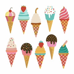 colorful and diverse ice cream cones, each with unique toppings and flavors, perfect for summer-themed designs and food-related projects