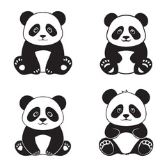 Obraz premium Black and white vector silhouettes set of cute panda