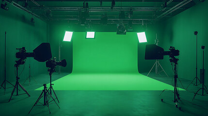 Film studio with green screen and cameras