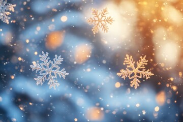 Fototapeta premium Falling snowflakes with soft golden and blue bokeh in a winter wonderland