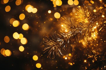 Fototapeta premium Golden holiday tinsel with sparkling lights and festive bokeh in warm tones