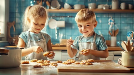 Happy family funny kids bake cookies in kitchen. Creative and happy childhood concept.