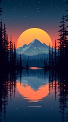 Obraz premium Sunset over a tranquil lake reflecting mountains and pine trees in a serene natural setting