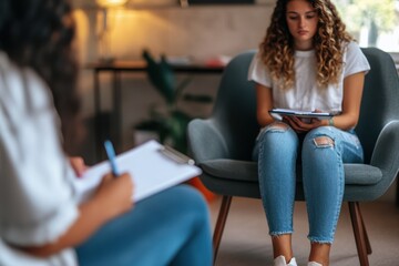 Therapist taking notes during a counseling session with a young woman in a calm setting