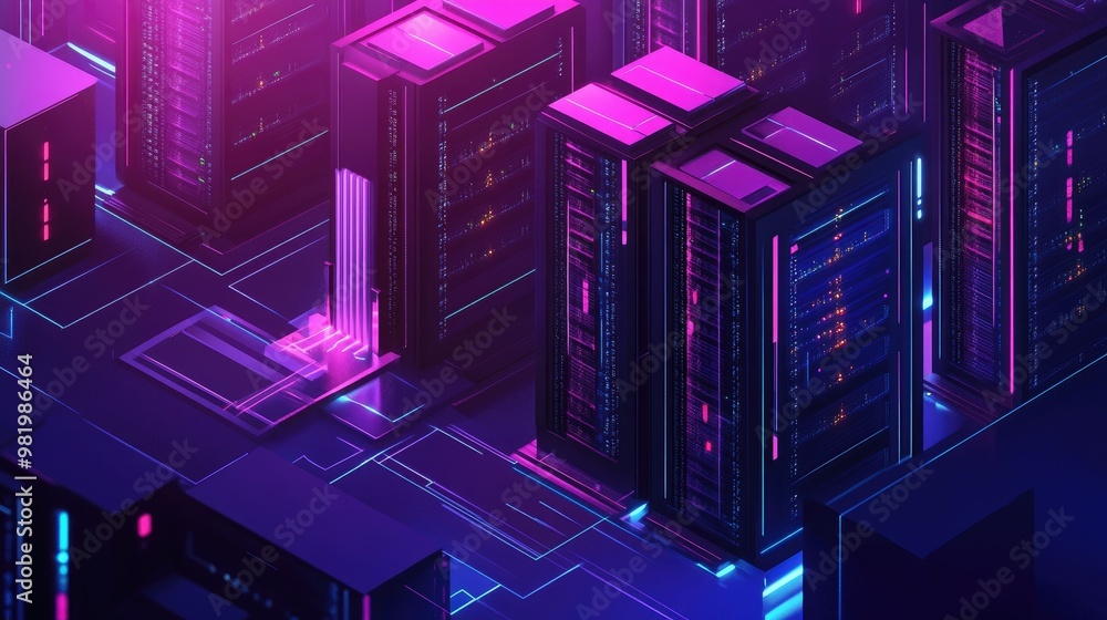 Aufkleber isometric 3d server room with glowing data racks in a futuristic datacenter, symbolizing big data pr
