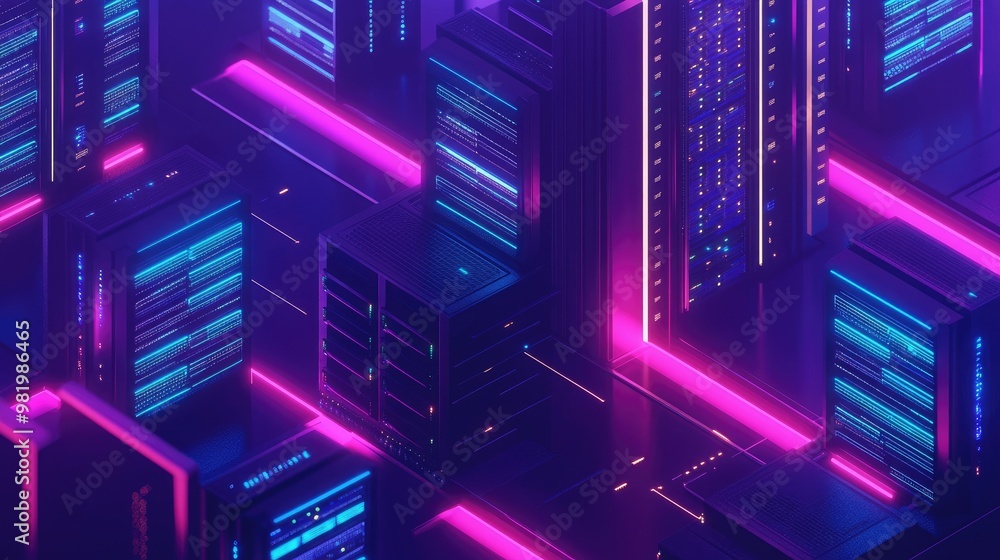 Aufkleber isometric 3d server room with glowing data racks in a futuristic datacenter, symbolizing big data pr