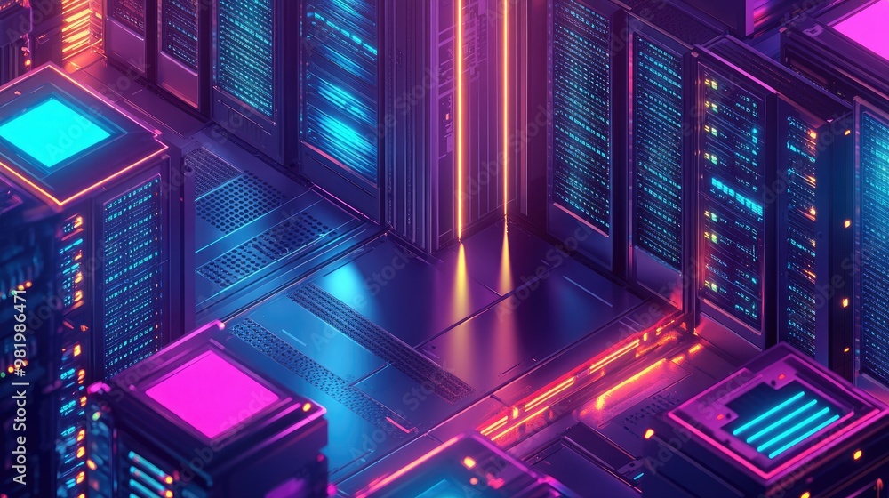 Aufkleber isometric 3d server room with glowing data racks in a futuristic datacenter, symbolizing big data pr
