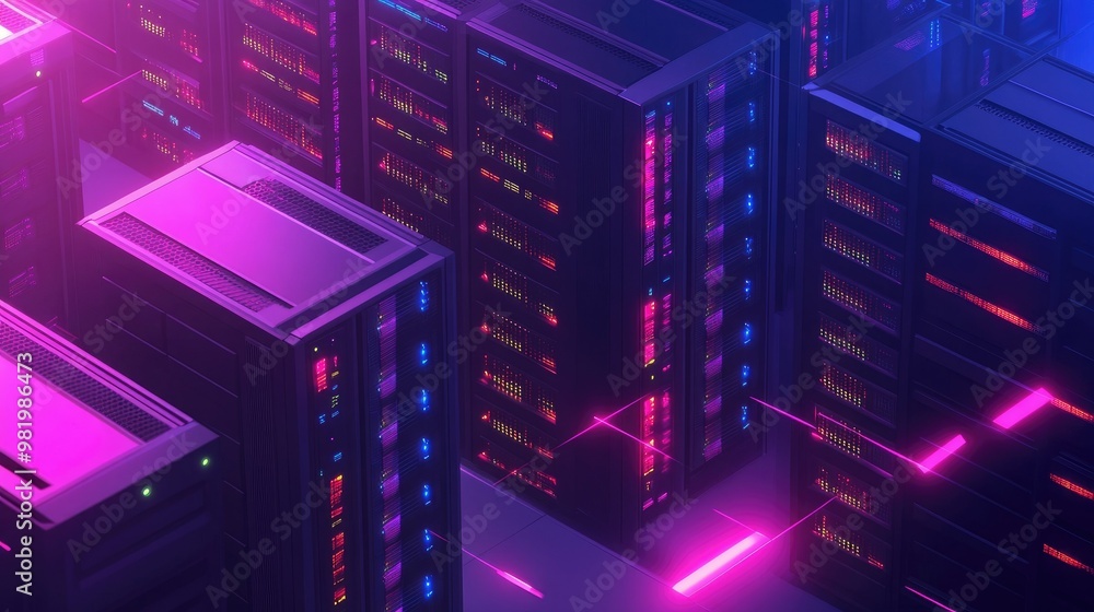 Aufkleber isometric 3d server room with glowing data racks in a futuristic datacenter, symbolizing big data pr