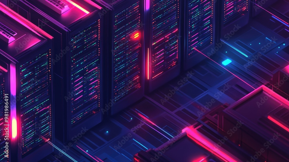 Aufkleber isometric 3d server room with glowing data racks in a futuristic datacenter, symbolizing big data pr