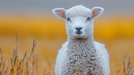 Obraz premium A white lamb stands in the foreground of an autumn field