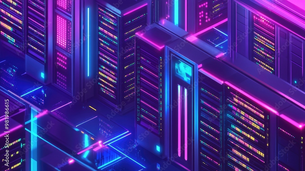 Aufkleber isometric 3d server room with glowing data racks in a futuristic datacenter, symbolizing big data pr