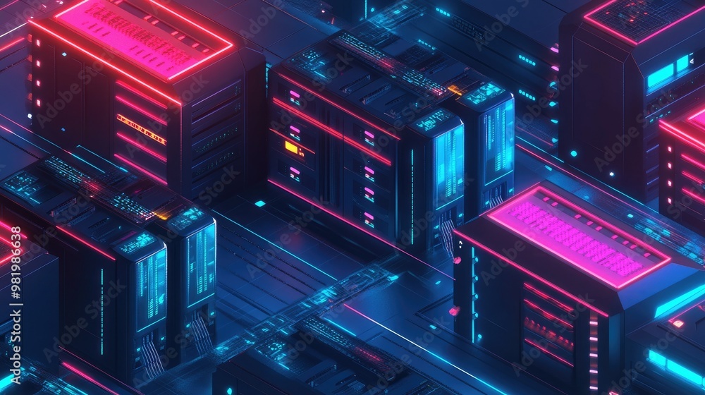 Aufkleber isometric 3d server room with glowing data racks in a futuristic datacenter, symbolizing big data pr