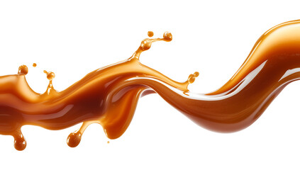 A splash of caramel sauce, creating a beautiful, swirling pattern against a transparent background.