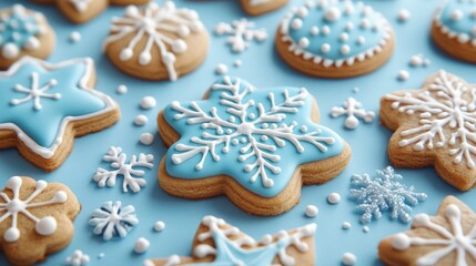 Iced decorated cookies, christmas bakery in blue and white, delicious gingerbread traditional, seasonal cookie on xmas background. Card.