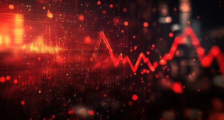 Red Digital Stock Market Chart with Flickering Lights