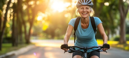 Happy Smiling Senior Woman with Gray Hair Enjoys Riding Her Bike in the Park on a Sunny Summer Day