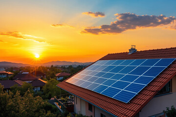 Hausdach mit moderner Solaranlage als Symbol für erneuerbare Energie