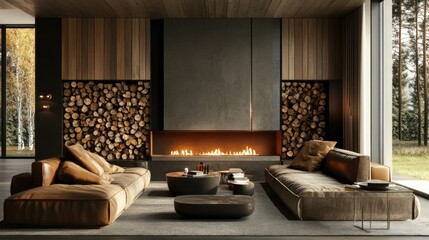 Modern living room with a fireplace, stacked wood, and cozy decor, including plush seating and soft lighting, creating a warm, inviting space