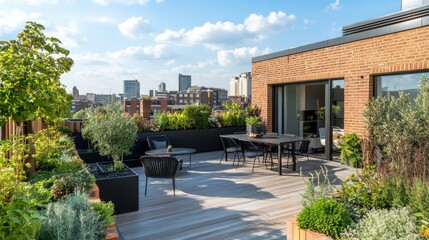 Obraz premium Modern rooftop panorama featuring dark wood decking, black garden chairs and table, surrounded by potted plants and a stylish brick fence