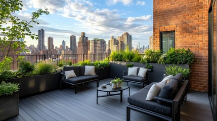 Fototapeta premium Modern rooftop terrace with dark wood deck flooring, stylish black garden furniture, and plants arranged against a brick fence in a city backdrop