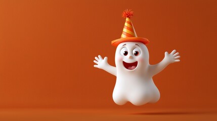 Cute Ghost Character with Party Hat on Orange Background