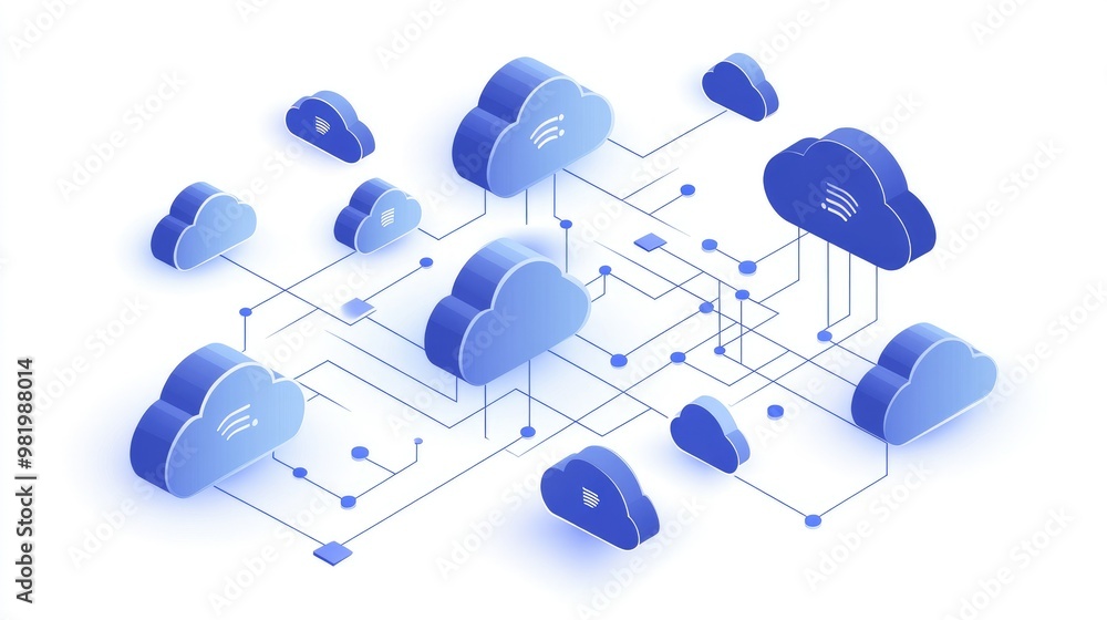 Poster Multiple cloud icons in a 2D and 3D mix, illustrating multi-cloud data connectivity in a vector illustration with interconnecting lines on a white background