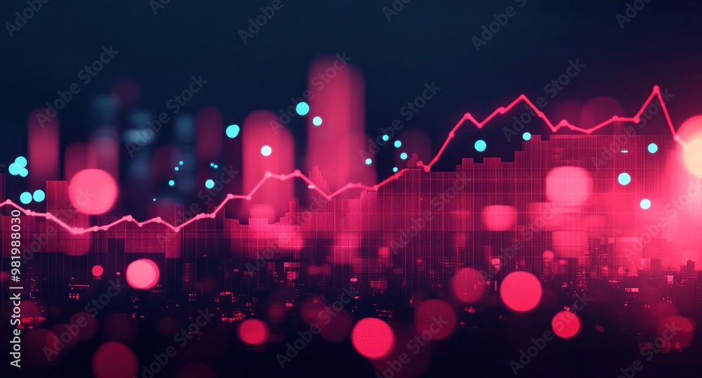 Poster abstract financial data visualization with line graph and red bokeh lights