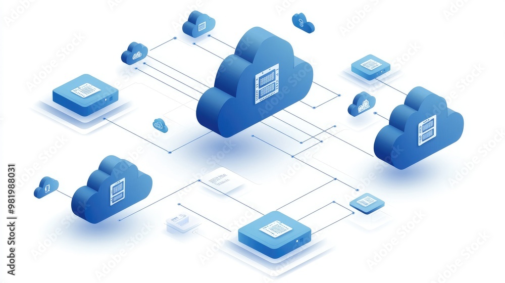 Poster Multiple cloud icons in a 2D and 3D mix, illustrating multi-cloud data connectivity in a vector illustration with interconnecting lines on a white background