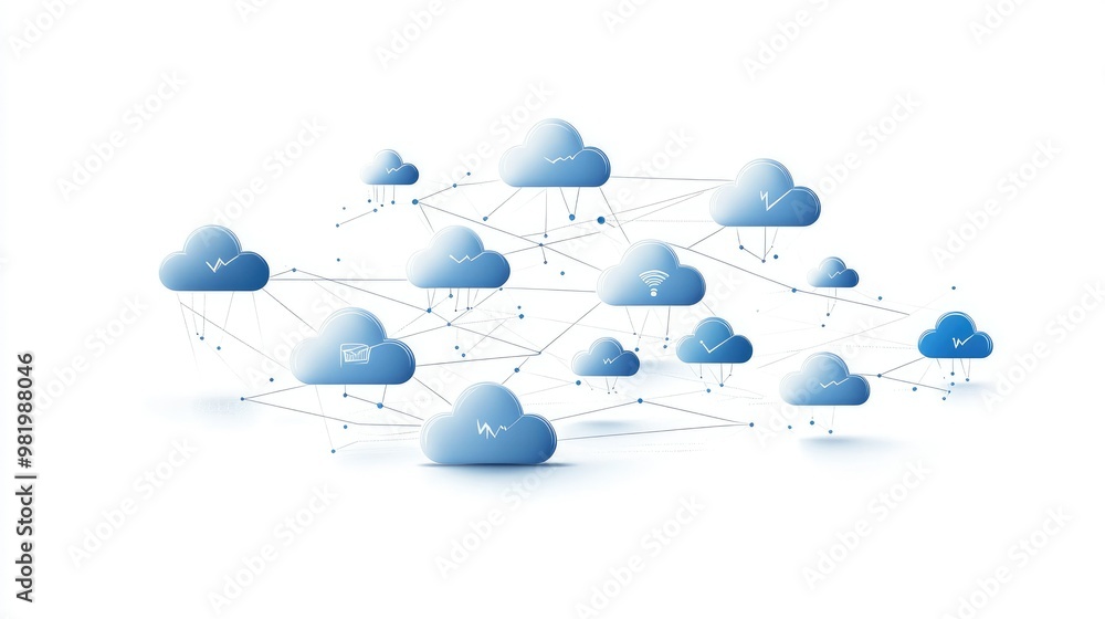 Poster multiple cloud icons in a 2d and 3d mix, illustrating multi-cloud data connectivity in a vector illu