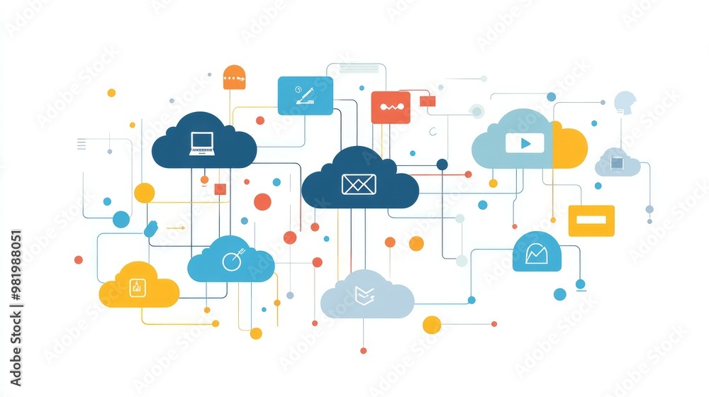 Poster multiple cloud vector symbols interconnected, illustrating data flow between different cloud service