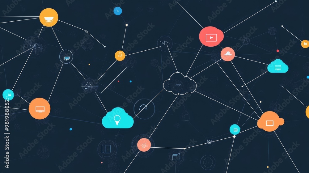 Poster multiple cloud vector symbols interconnected, illustrating data flow between different cloud service